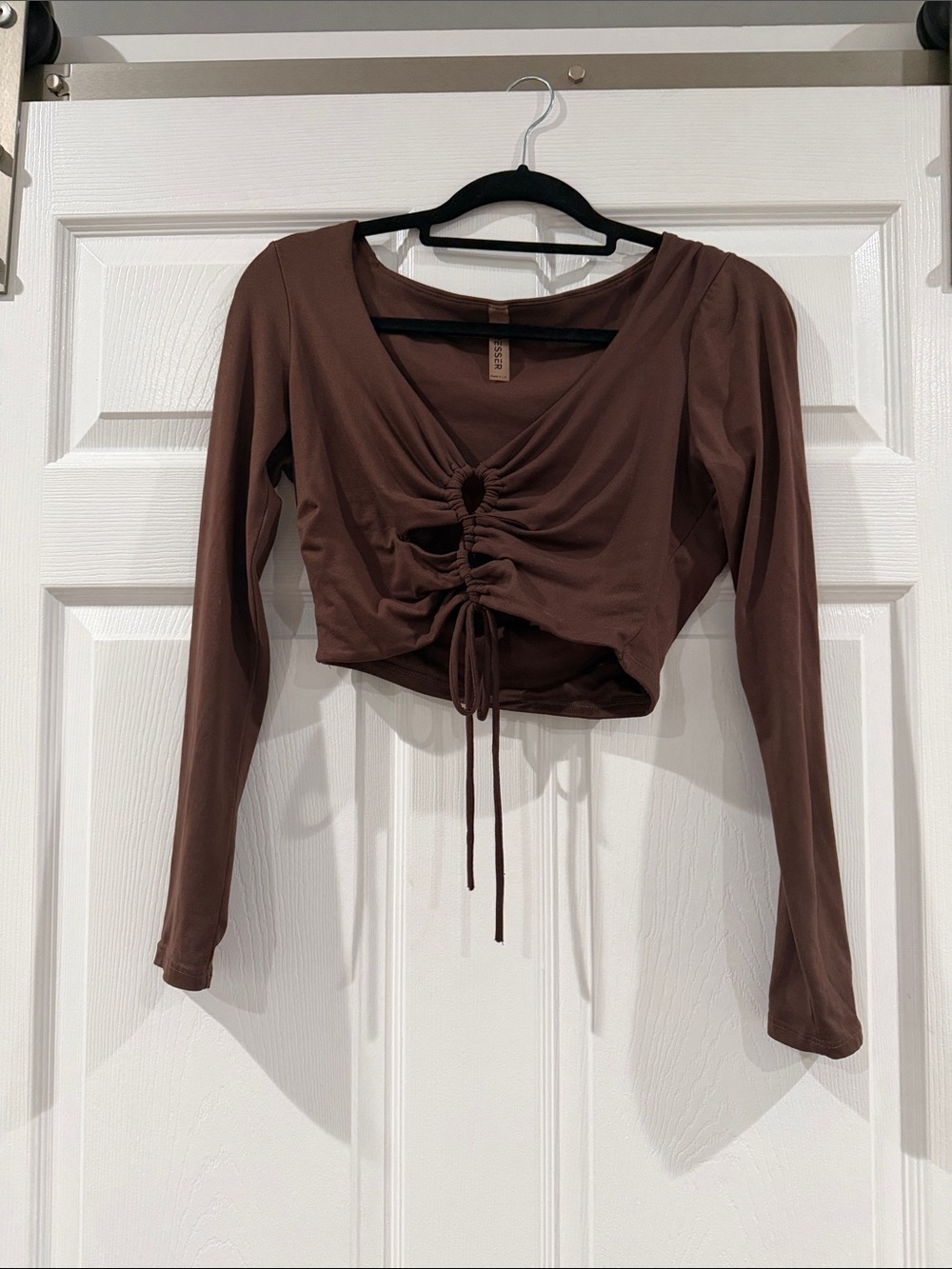 Ruched Front Brown Long-Sleeve Crop Top